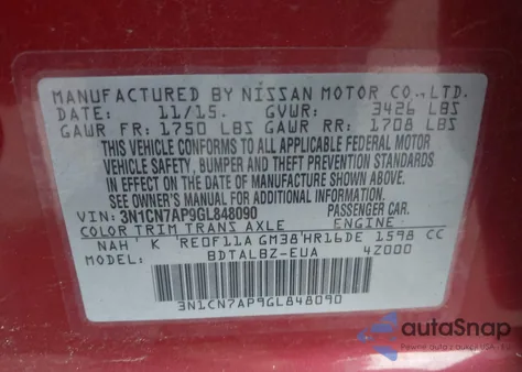 2016 Nissan Versa 1.6 Sv from USA, damaged, VIN 3N1CN7AP9GL848090